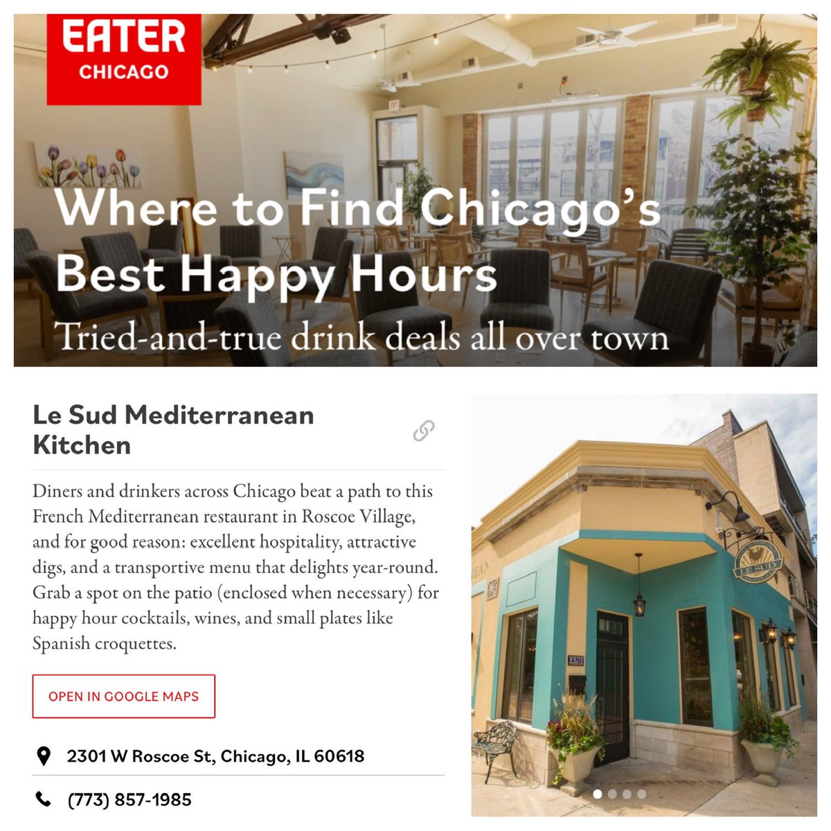 .<a href="/eaterchicago/">Eater Chicago</a> named our #HappyHour one of the best in #Chicago! Head over for $8 #cocktails, glasses of #wine and select #smallplates daily from 4:30-5:30 p.m.🍸🍷 🍽️ lesudchicago.com/happy-hour