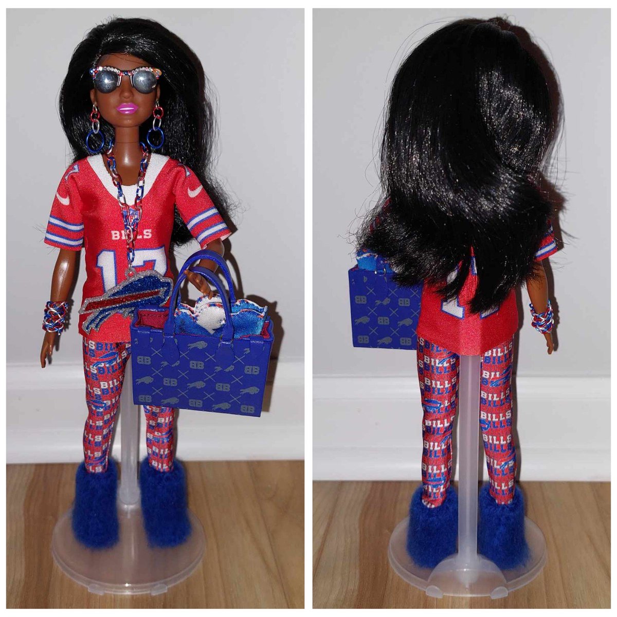 imsewsure's tweet photo. Mafia Barbie 10/14. This Barbie is totally hanging out in a private suite at the stadium come gametime. She is sporting sunglasses that I saw multiple times in the @BillsMafiaBabes fb group and a #WhySoSerious? wife beater in honor of her favorite past player @StevieJohnson13 https://t.co/eGzOrHPm6b