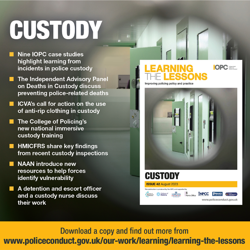 policeconduct's tweet photo. Issue 42 of our #LearningTheLessons Magazine is out 📝
It explores:
🔷Nine case studies from incidents in police custody
🔷Links between custody, physical and mental health, young people, substance abuse
🔷Training and resources designed to help keep people safe
Read Issue 42 🔽