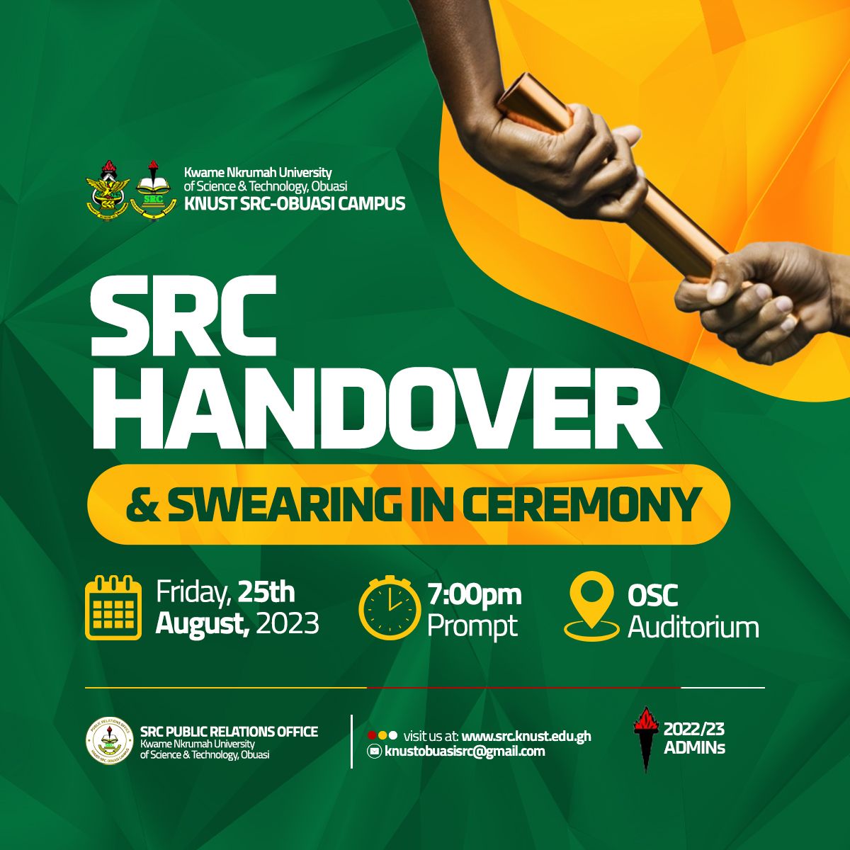 The transition process began and it's finally time for the mantle of power to exchange hands. 

Join us this Friday at the OSC Auditorium for the SRC Handing Over and Swearing-in ceremony at 8 p.m. 

Thank you.