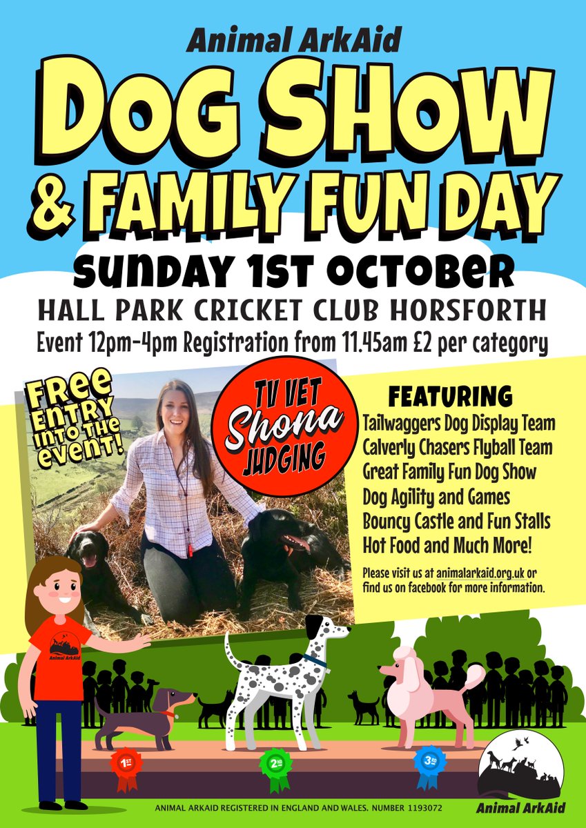 Dog Show 2023 - Sunday 1st October 2023 at Hall Park Cricket Club, Horsforth. 11:45 - 16:00

We are very excited to be joined by Shona from <a href="/theyorkshirevet/">The Yorkshire Vet</a> as this year's special guest judge. 

Full details on our fresh look poster below!
#DogShow2023 #AnimalsInNeed #FamilyFun