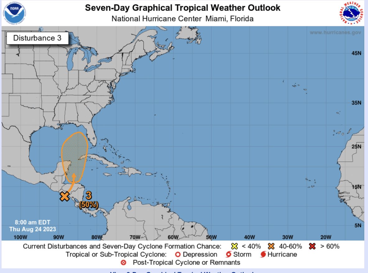 PowPonder's tweet photo. NHC now at 50% for development in the next 5 to 7 days. I’ll have a video out later this morning on this set up. https://t.co/6HufIr5nPI