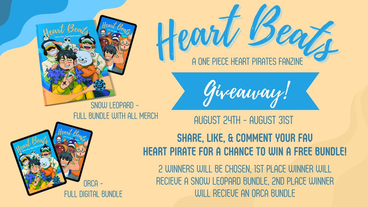 💛ZINE GIVEWAY ANNOUNCEMENT💙

Aye aye, pirates ! We're giving away 1 full bundle and 1 digital bundle !

To enter: 
💛💙Follow us
💛💙Like + Retweet this post
💛💙Comment your favorite Heart Pirate member !

Ends Aug 31st 23:59PM CEST 
Winners will be announced September 2nd !