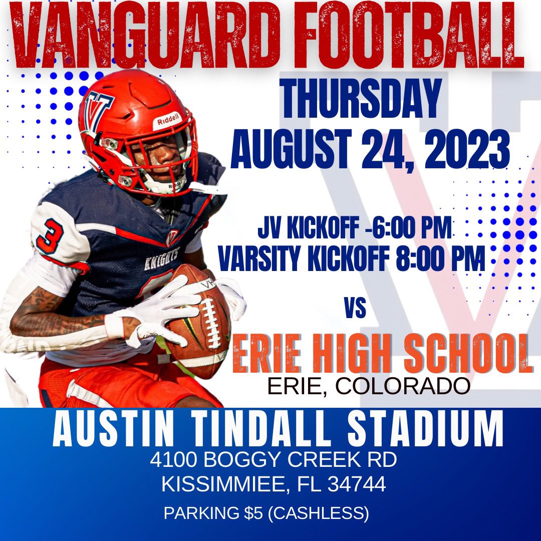Andy Villamarzo (@andy_villamarzo) on Twitter photo I’ll be in Kissimmee tonight at Austin Tindall Stadium for the matchup between ⬇️
<a href="/ErieTigersFB/">Erie High Football</a> (Colorado) vs <a href="/VanguardFB/">Vanguard High School Football</a>, 8pm kickoff
@SBLiveSports <a href="/SBLiveFL/">Florida High School On SI</a> <a href="/FlaHSFootball/">FloridaHSFootball.com</a> <a href="/CenFLAPreps/">Central Florida Preps</a> <a href="/HSFB_Scoreboard/">Central Florida HS Scoreboard</a> <a href="/football305407/">Central Florida High School Football Recruiting</a> <a href="/OcalaPreps/">Ocala Preps</a> <a href="/DanLaForestFB/">Dan LaForest 🏈</a> <a href="/larryblustein/">Blustein Recruiting</a> <a href="/Dwight_XOS/">Dwight Thomas - Catapult Sports</a> I’ll be in Kissimmee tonight at Austin Tindall Stadium for the matchup between ⬇️
<a href="/ErieTigersFB/">Erie High Football</a> (Colorado) vs <a href="/VanguardFB/">Vanguard High School Football</a>, 8pm kickoff
@SBLiveSports <a href="/SBLiveFL/">Florida High School On SI</a> <a href="/FlaHSFootball/">FloridaHSFootball.com</a> <a href="/CenFLAPreps/">Central Florida Preps</a> <a href="/HSFB_Scoreboard/">Central Florida HS Scoreboard</a> <a href="/football305407/">Central Florida High School Football Recruiting</a> <a href="/OcalaPreps/">Ocala Preps</a> <a href="/DanLaForestFB/">Dan LaForest 🏈</a> <a href="/larryblustein/">Blustein Recruiting</a> <a href="/Dwight_XOS/">Dwight Thomas - Catapult Sports</a>