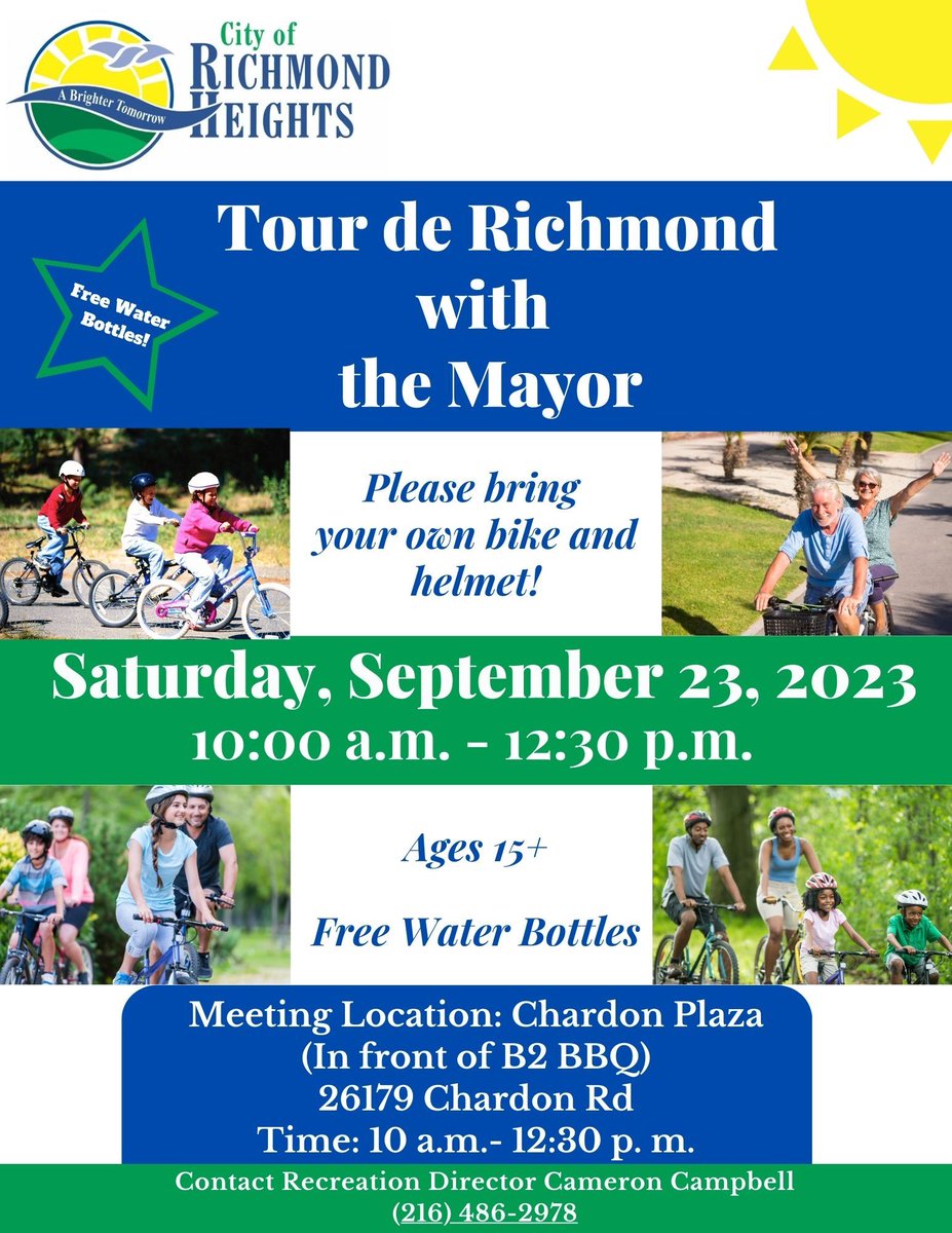The first community to hold a second #BikeWithAMayor ride is <a href="/RichmondHtsCity/">City of Richmond Heights</a>! It'll be on Saturday, September 23 at 10:00. 
richmondheightsohio.org/Calendar.aspx?…