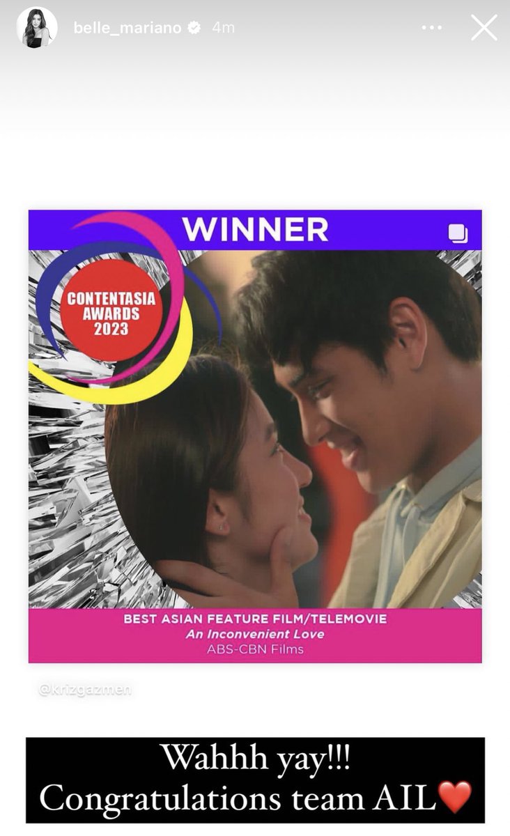 BELLE'S INSTAGRAM STORY

CONGRATULATIONS AYEF!!!!! Next, Luna Awards for your Best Actress nomination #AnInconvenientLove 

DONBELLE CONTENT AILsia WINNER

#BelleMariano <a href="/bellemariano02/">Belle Mariano</a>