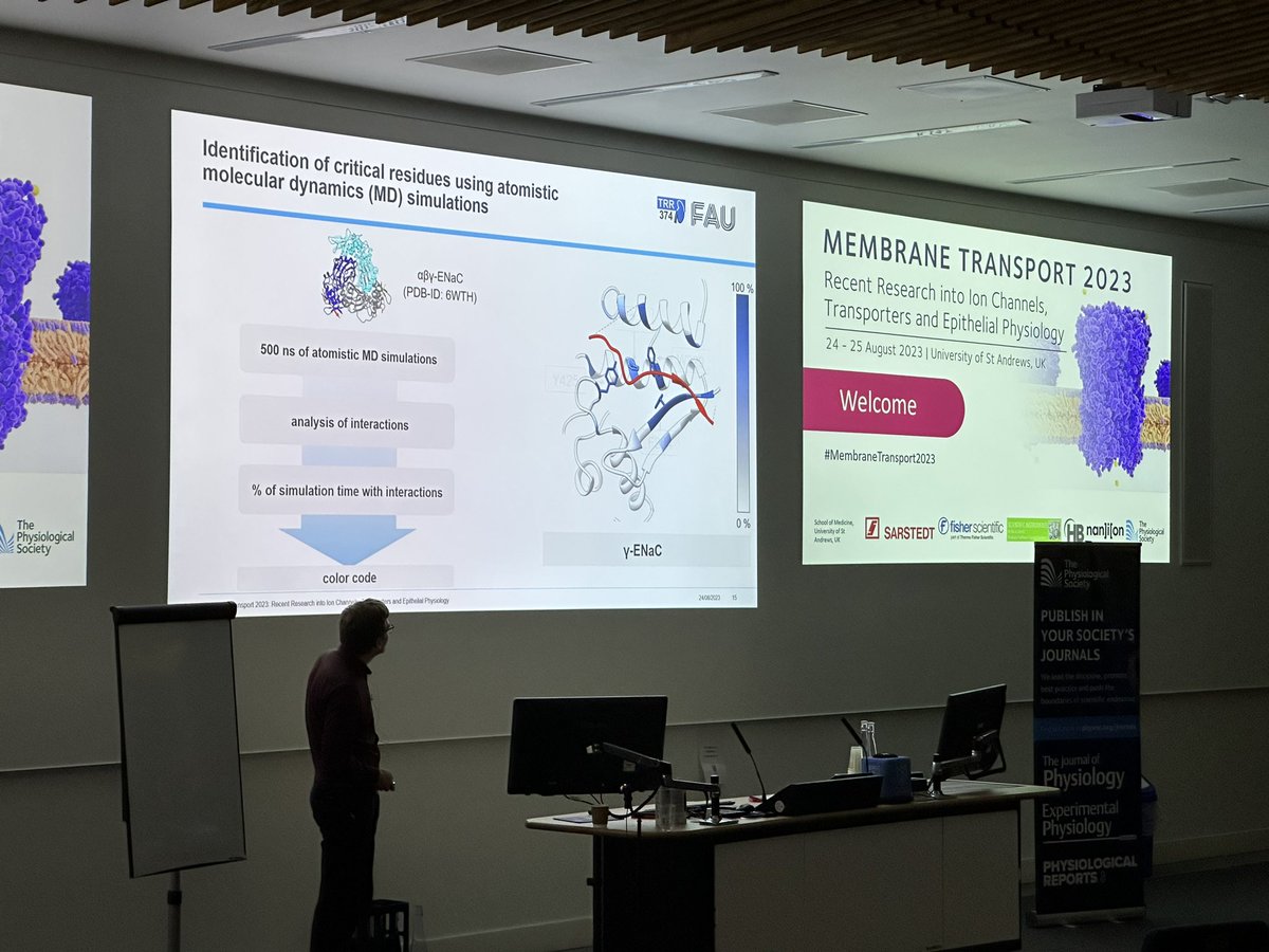 PhySoc's tweet photo. Dr Florian Sure of University of Erlangen-Nuremberg, Germany @UniFAU on conserved hydrophobic interactions playing a critical role in inhibiting the epithelial sodium channel (ENaC) by α- and γ-inhibitory peptides. #MembraneTransport2023 https://t.co/xv5lNF1r7V