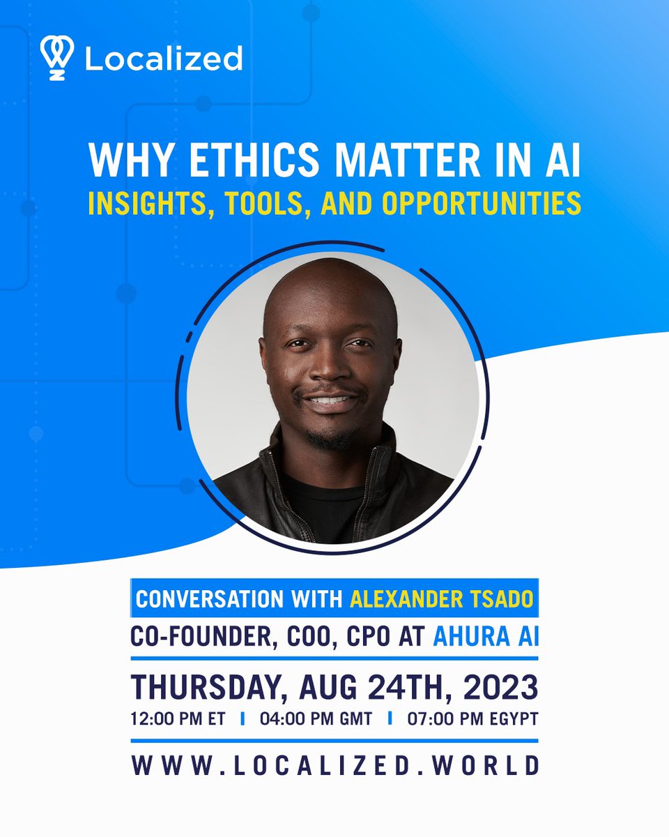 Curious about the ethical implications of #ArtificialIntelligence (AI)?

Join our engaging online event on Aug 24th. and dive into the world of #AI with expert Alexander Tsado, Co-Founder, COO &amp; CPO at Ahura AI. Be part of shaping a responsible AI future.

bit.ly/3QSNPGy