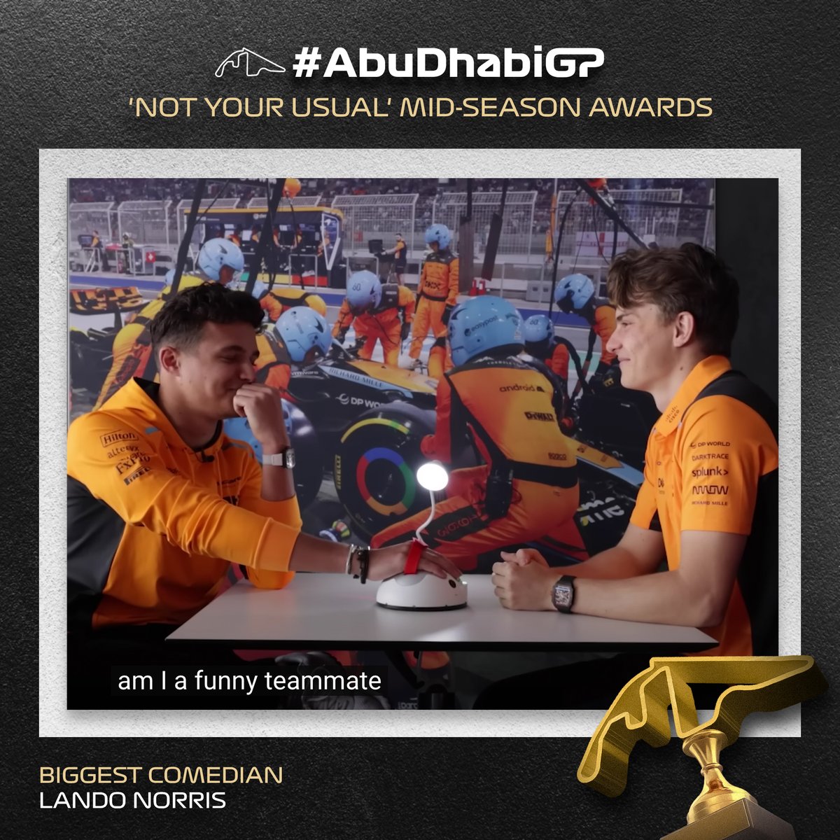 Award for The Biggest Comedian so far this season has to go to the one and only Last Lap @landonorris! 😂🏆

#AbuDhabiGP #MidSeasonAwards #F1 #Formula1 @f1