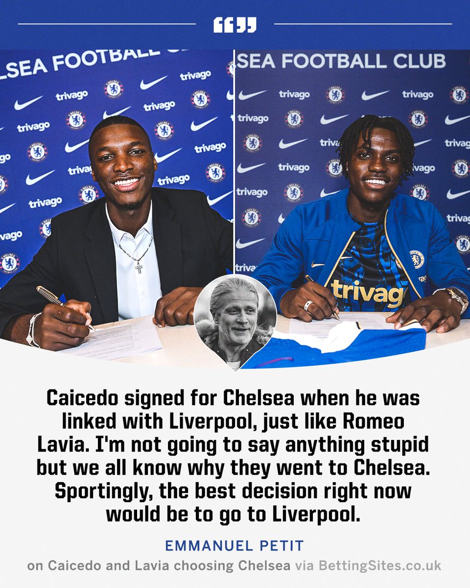 ESPNUK's tweet photo. Former Chelsea midfielder Emmanuel Petit believes Caicedo and Lavia should've signed for Liverpool 👀 https://t.co/KEMXW0Wfeo