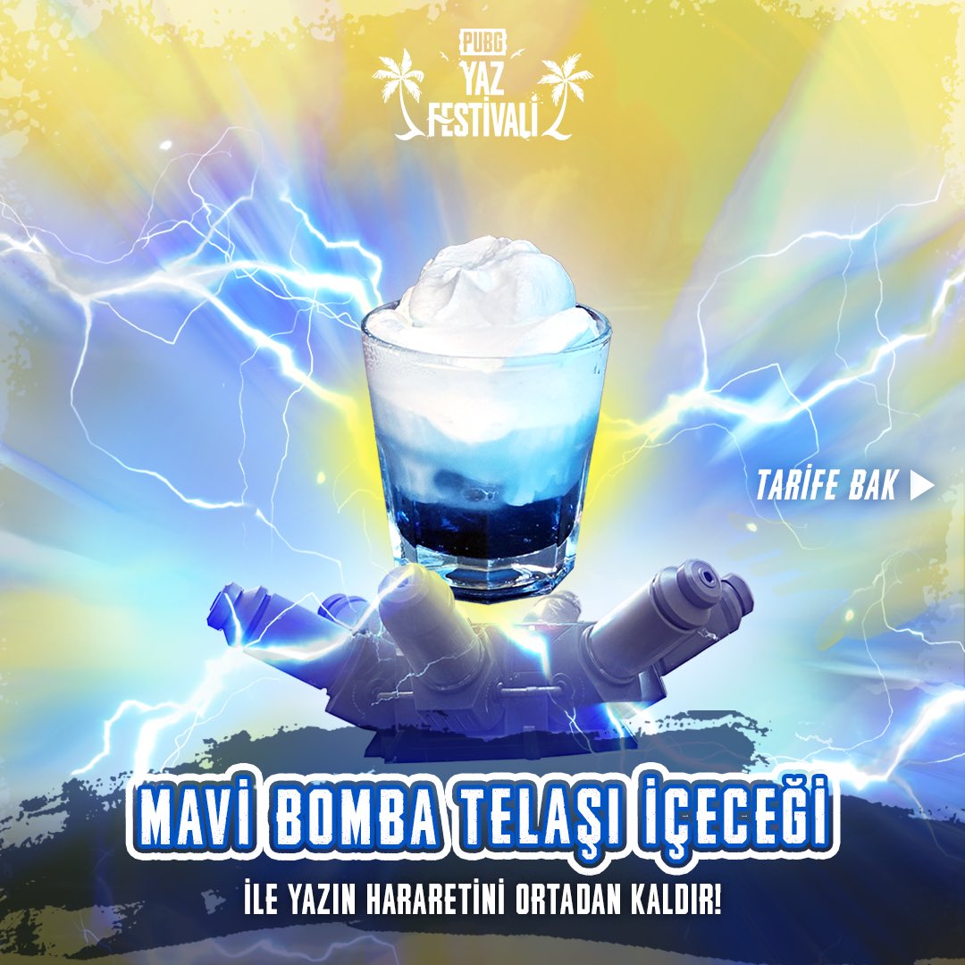 PUBG_TUR's tweet photo. Bluebomb Rush içeceğiyle tanıştın mı? 💥🔵
Tarifi keşfet, kendi #BluebombRush içeceğini hazırla ve ekran görüntüsünü bizimle paylaş. 🍹
Kendini bu lezzete kaptır ve doğrudan savaşın ortasına dal!
#PUBG #BATTLEGROUNDS #BlueBombRush https://t.co/F210c4WyZz