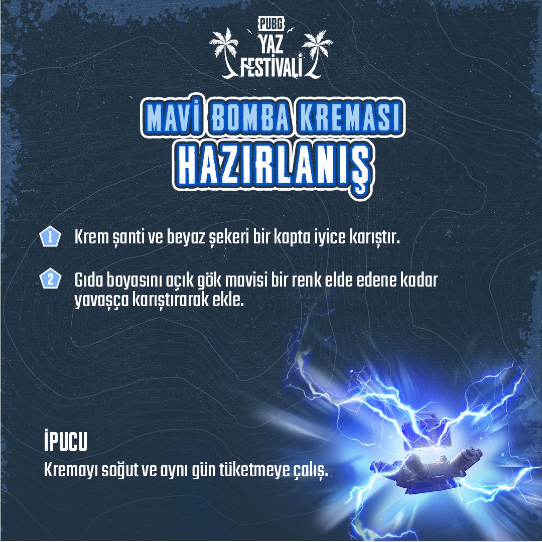 PUBG_TUR's tweet photo. Bluebomb Rush içeceğiyle tanıştın mı? 💥🔵
Tarifi keşfet, kendi #BluebombRush içeceğini hazırla ve ekran görüntüsünü bizimle paylaş. 🍹
Kendini bu lezzete kaptır ve doğrudan savaşın ortasına dal!
#PUBG #BATTLEGROUNDS #BlueBombRush https://t.co/F210c4WyZz