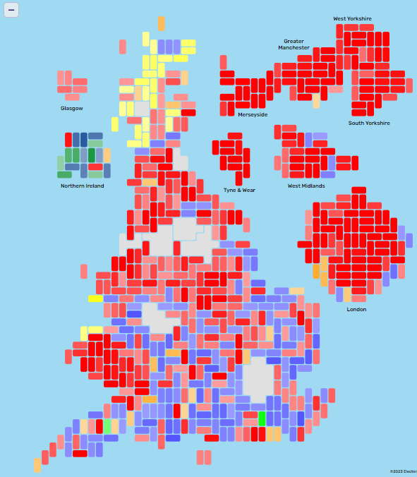 Our new cartographic map gives equal area to each seat, and now uses the new constituency boundaries. Try it at: electoralcalculus.co.uk/dynamicmap.htm…