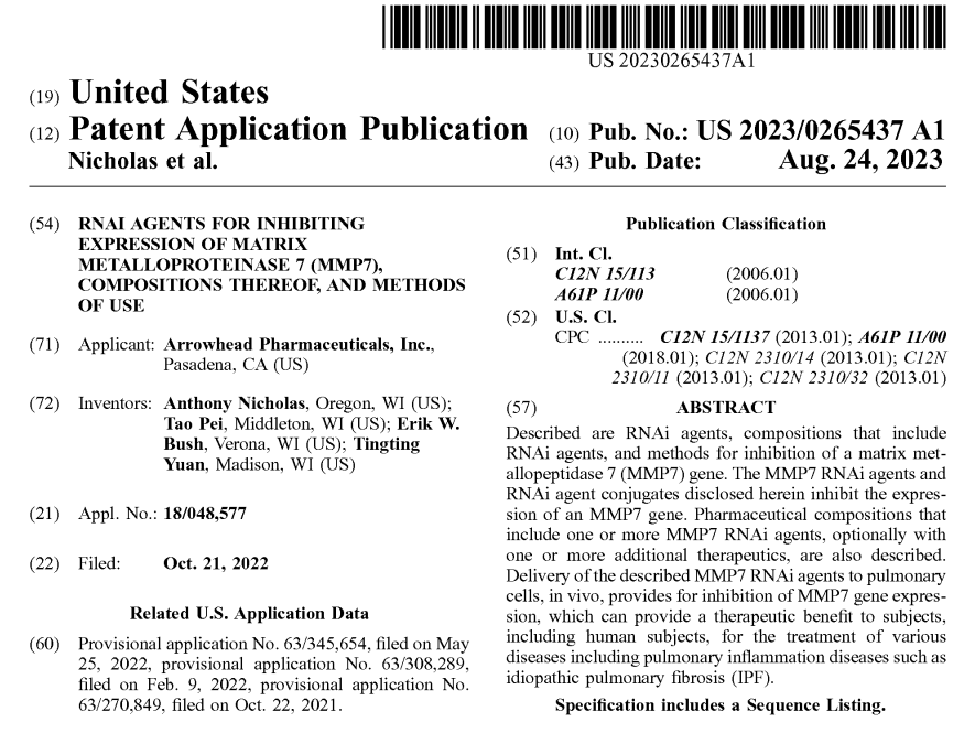 $ARWR continuing to move full steam ahead with 3 newly published US Patent Applications today covering DUX4, Skeletal Muscle Delivery, and the almighty MMP7 trigger targeting IPF. These are majorly impressive write-ups of 352, 105, and 348 pages. #RNAi