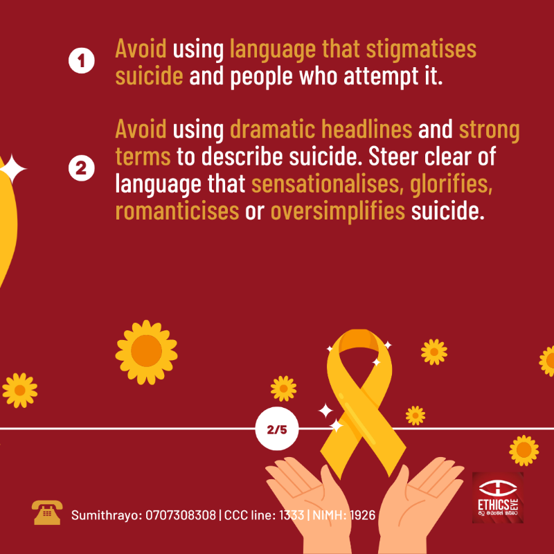 EthicsEye's tweet photo. Did you know that an average of eight to nine suicides are reported in #SriLanka daily?🎗️

Responsible media reporting on suicide can help prevent such deaths.
Publish helplines and save a life! 💛

📞 Sumithrayo: 0707308308 | CCCline: 1333 | NIMH: 1926

1/2