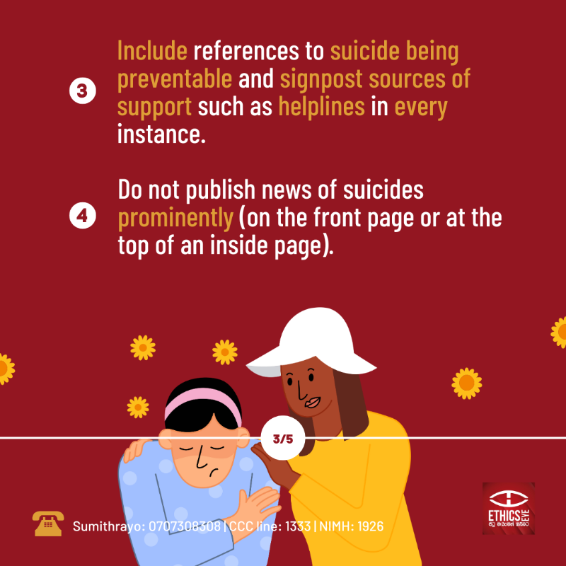 EthicsEye's tweet photo. Did you know that an average of eight to nine suicides are reported in #SriLanka daily?🎗️

Responsible media reporting on suicide can help prevent such deaths.
Publish helplines and save a life! 💛

📞 Sumithrayo: 0707308308 | CCCline: 1333 | NIMH: 1926

1/2
