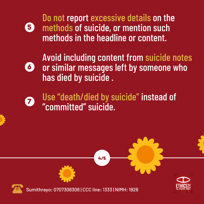 EthicsEye's tweet photo. Did you know that an average of eight to nine suicides are reported in #SriLanka daily?🎗️

Responsible media reporting on suicide can help prevent such deaths.
Publish helplines and save a life! 💛

📞 Sumithrayo: 0707308308 | CCCline: 1333 | NIMH: 1926

1/2