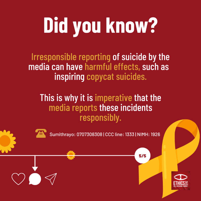EthicsEye's tweet photo. Did you know that an average of eight to nine suicides are reported in #SriLanka daily?🎗️

Responsible media reporting on suicide can help prevent such deaths.
Publish helplines and save a life! 💛

📞 Sumithrayo: 0707308308 | CCCline: 1333 | NIMH: 1926

1/2