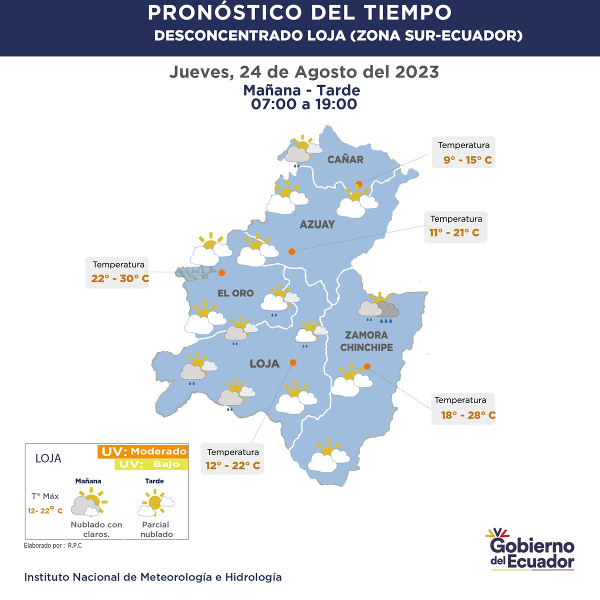 inamhi_ec's tweet photo. INAMHI // #Pronósticozonasur del país #ElOro #Cañar, #Azuay, #Loja, #ZamoraChinchipe jueves 24  y madrugada del viernes 25 de agosto 2023.
@ECU911Austro
@Ecu911L
@ECU911_
@zamorachinchipz https://t.co/VepoIan6qA