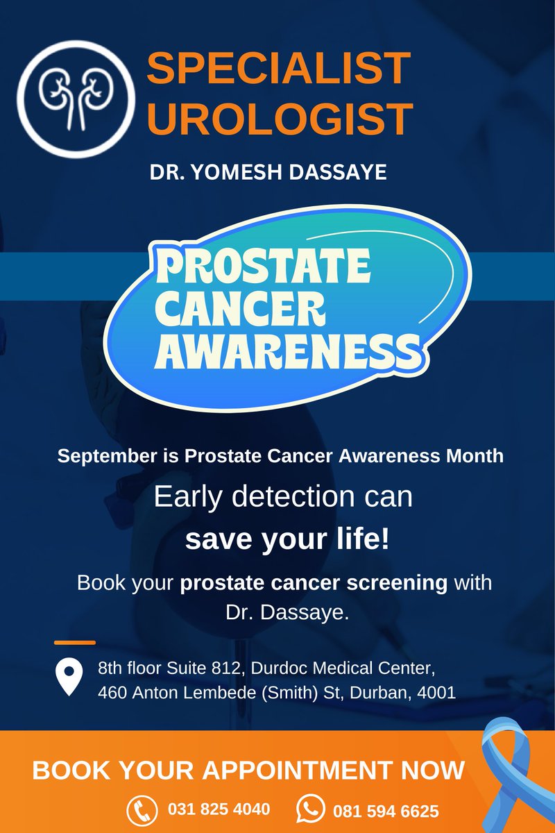 Did you know that #September is #ProstateCancerAwareness month? 
To book your consultation with Dr. Dassaye, 
📲: 081 594 6625
📍: #Durban