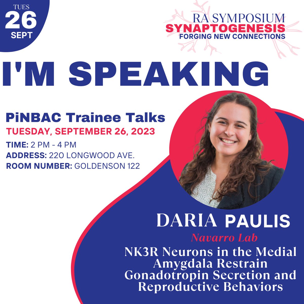 daria_paulis's tweet photo. Excited to be one of the #PiNBAC trainees speaking at this year’s @PiN_Harvard synaptogenesis symposium. Looking forward to sharing some of the work I’ve been doing in @VictorM_Navarro’s lab https://t.co/IqneawtYgw
