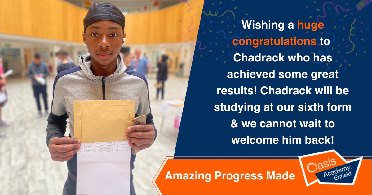 We would like to congratulate Chadrack for making amazing progress & for achieving some brilliant results! We are so proud of you & can’t wait to see you shine bright when you join us again for 6th form! #GCSEResultsDay2023 #OCLResults @OasisAcademies @EnfieldDispatch 💙🎉