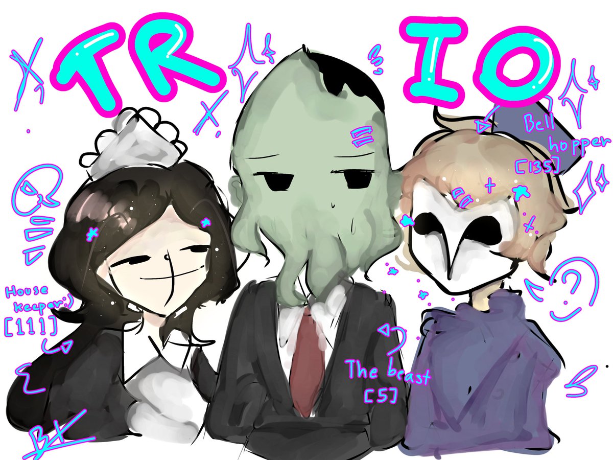 starlight_Twink's tweet photo. Trio in terror hotel＾▽＾
(not my original idea-)

#backroom #entity18 #entity111 #entity135 https://t.co/naMIyqxeGQ