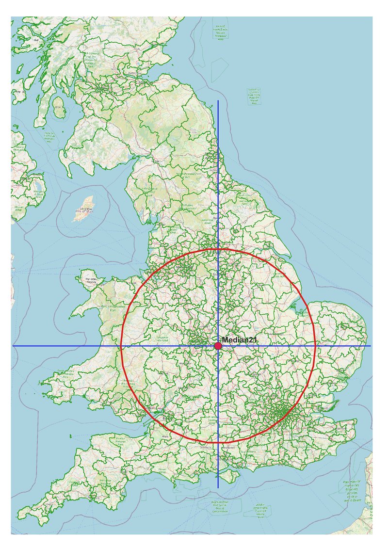 Fun fact: according to the new census, the population-weighted centre (median) of the UK is Cash's Park in #Coventry. Half the population lives north, east, south and west of there respectively. And half live within 90 miles of it (red circle).