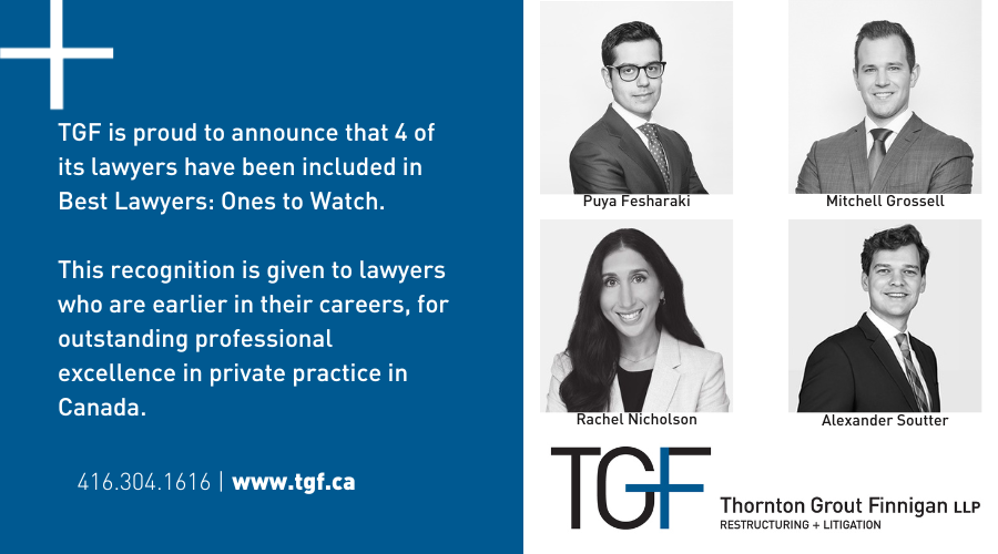 TGF_LLP's tweet photo. TGF is proud to share that 4 of its lawyers have been featured in the Best Lawyers: Ones to Watch for 2024

This recognition is given to lawyers who are earlier in their careers, for their outstanding professional excellence in private practice in Canada

https://t.co/pZ80Rnsnyq https://t.co/E3VGm7doSF