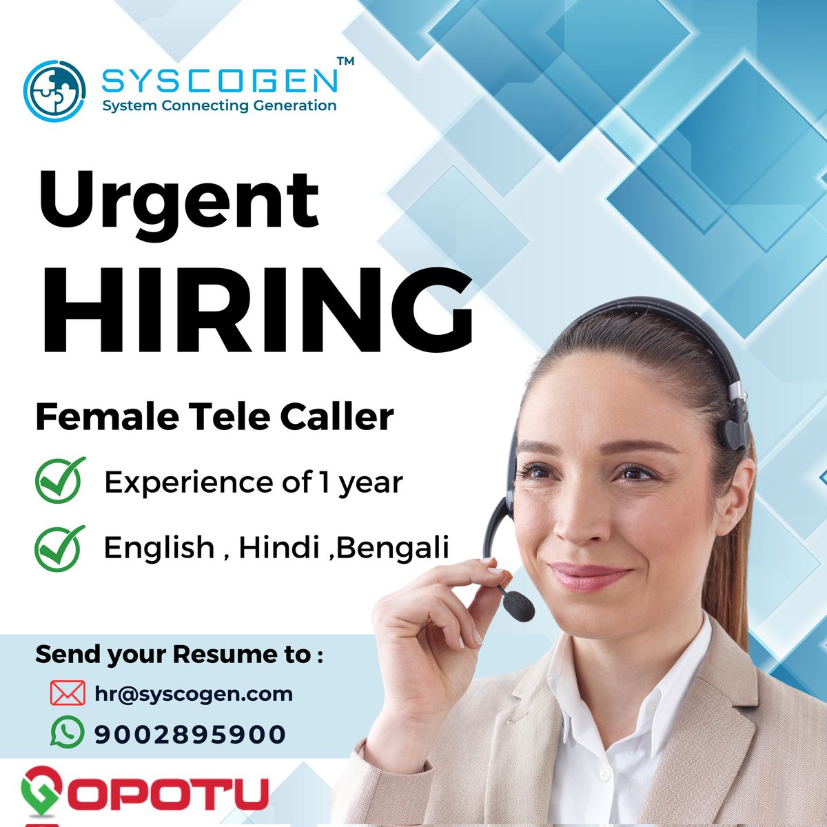 syscogen's tweet image. #UrgentHiring
We are seeking a talented Female Telecaller to join our dynamic team.

Don&apos;t miss the chance to be a part of the Syscogen family. send your resume to hr@syscogen.com.
Or WhatsApp on 9002895900

#JobOpening #Telecaller #HiringNow #SoftwareDevelopment #syscogen
