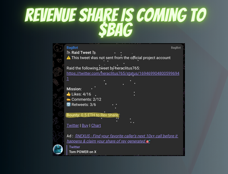 teh_bag's tweet photo. Revenue sharing is coming to #tehBag and all of its adopters starting next week! 📣

#tehMovement has raised its voice, and $BAG has decided to take it one step further!

Introducing: The first decentralized rev-share-as-a-service system

A 🧵 https://t.co/cAMCRaXLv9
