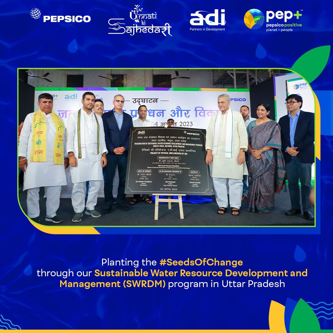 PepsiCoIndia's tweet photo. This #WorldWaterWeek, PepsiCo India in partnership with ADI is delighted to launch the Sustainable Water Resource Development and Management program to improve water security in Uttar Pradesh. This initiative aims to recharge 214M litres of groundwater through 7 rainwater ponds. https://t.co/JFu0ygw6cy