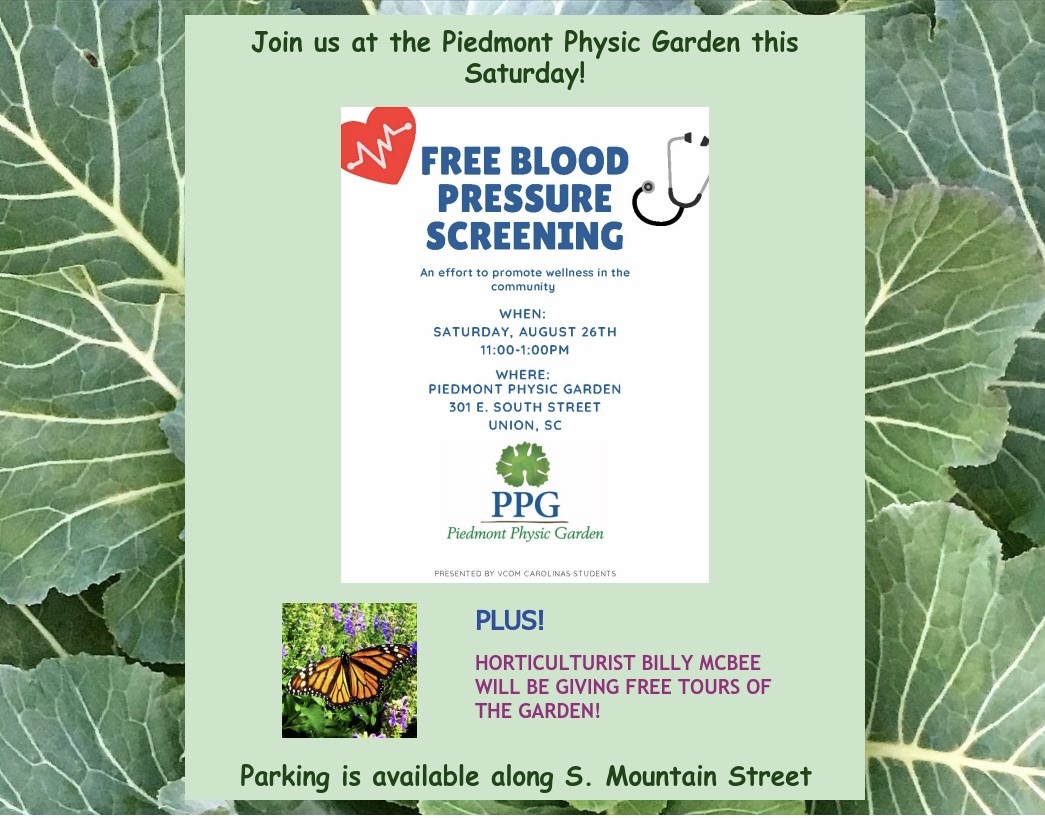 Students from @VCOMCAROLINAS will be providing FREE blood pressure screenings for the public this Saturday at the garden. We look forward to seeing you #hearthealth  #upstateSC #healthcheck #qualityoflife #botanticalgarden #CommunityEngagement