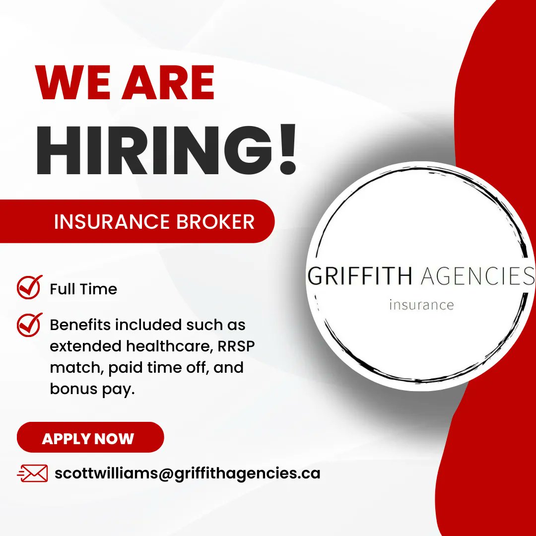Griffith Agencies is seeking an insurance broker to join our incredible team. 💼 
Must be willing to obtain a Level 1 License and Autopac Training.
Must be able to reliably commute or be willing to relocate before starting work.

✉️ scottwilliams@griffithagencies.ca

#IBAM