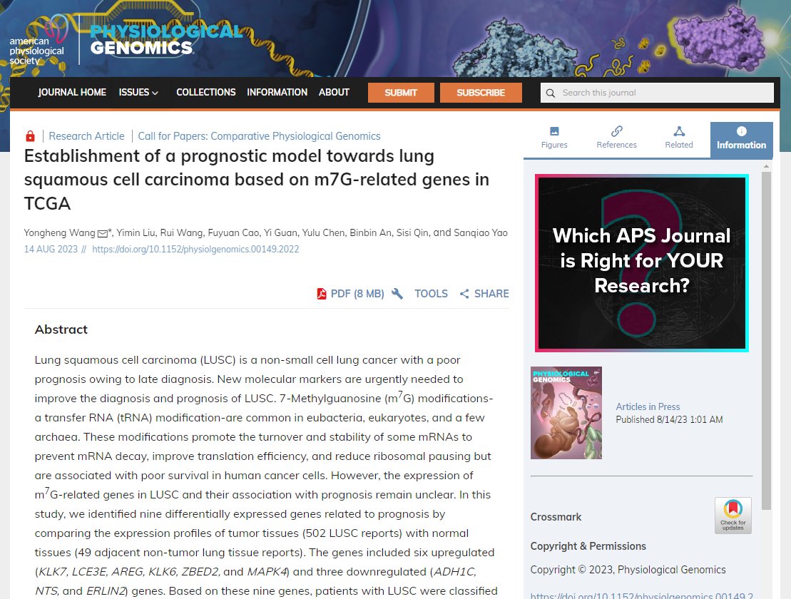 #ArticlesInPress 'Establishment of a prognostic model towards lung squamous cell carcinoma based on m7G-related genes in TCGA' by Yongheng Wang et al.

🖱ow.ly/MFMN50PCPVx

#LungSquamousCellCarcinoma #bioinformatics #MolecularDocking #LungTwitter