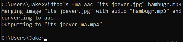 JacboIGuess's tweet photo. love this command line tool I made. It's an ffmpeg wrapper that makes various things much simpler with anything that can be done losslessly is done so. Just added the ability to easily merge audio with an image and it even accepts URLs. The ffmpeg args take up half a tweet https://t.co/nc05lWilVI