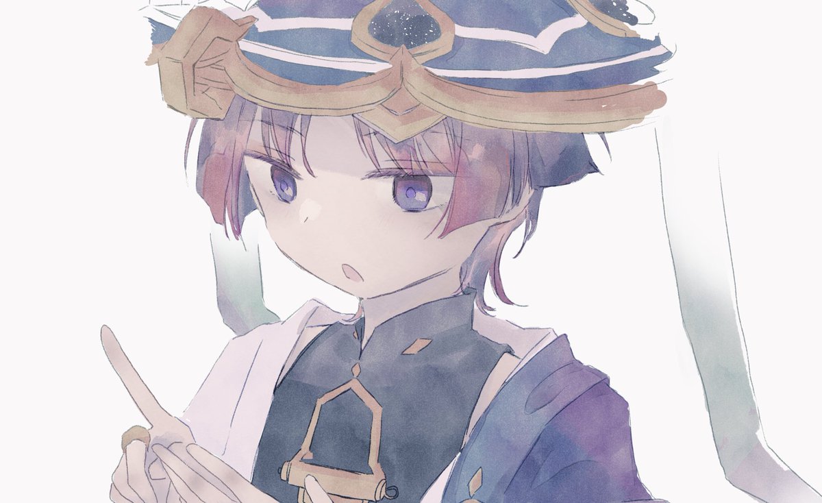 scaramouche (genshin impact) 1boy male focus hat solo white background purple eyes simple background  illustration images