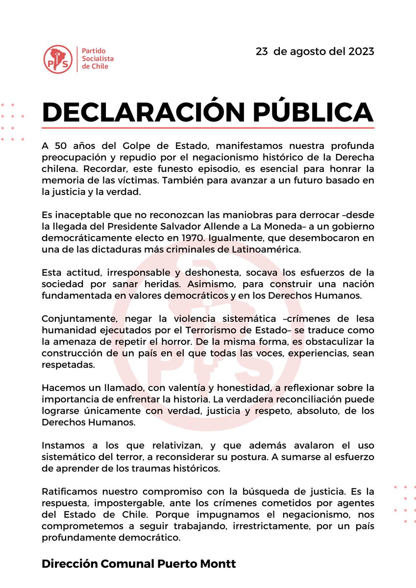 PScomunalPMontt's tweet photo. Previo a conmemorar los 50 años del Golpe de Estado en Chile, no podemos permitir que el negacionismo borre la verdad y el dolor que aún persisten. Es momento de unirnos en el respeto a la memoria y en el compromiso por un futuro de justicia y verdad. #NuncaMás https://t.co/erVGXSWgD1
