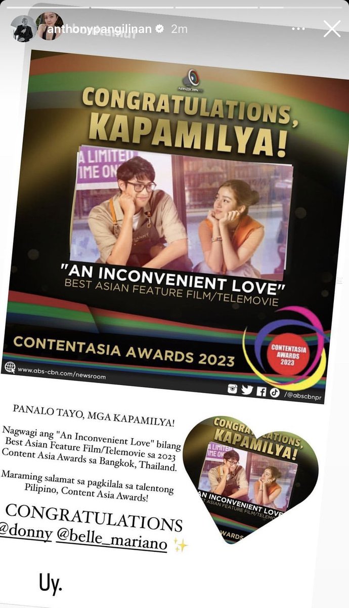 Tito A’s ig story!! 

DONBELLE CONTENT AILsia WINNER

#DonBelle 
#DonnyPangilinan | #BelleMariano