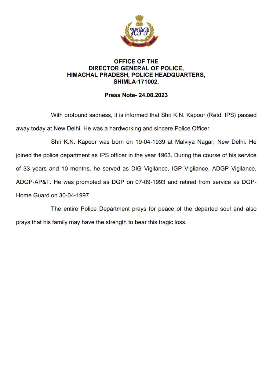 himachalpolice's tweet photo. #PressNote #KulNathKapoor #PoliceOfficer #IPS #Retd. #KindHeart #DevotedSoul #OmShaanti #HPPolice https://t.co/cejFQbqplq