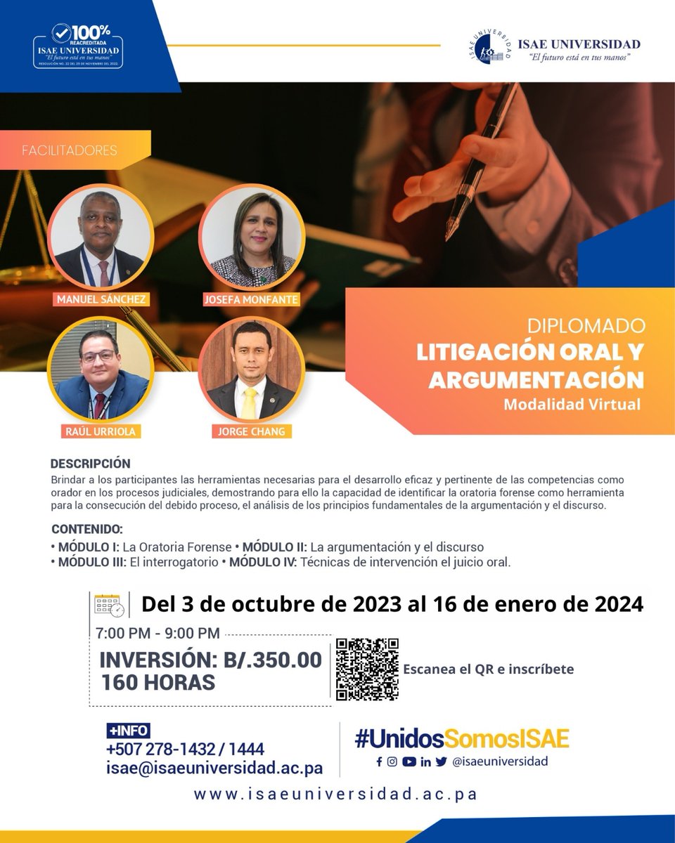 🚨🚨𝗔𝗧𝗘𝗡𝗖𝗜ó𝗡 🚨🚨

𝗡𝗨𝗘𝗩𝗔 𝗙𝗘𝗖𝗛𝗔 𝗗𝗘 𝗜𝗡𝗜𝗖𝗜𝗢📌
Isae Universidad los invita a participar en el Diplomado "Litigación Oral y Argumentación"

🔹Modalidad Virtual

Expositores:
▪️Manuel Sánchez 
▪️Josefa Monfante 
▪️Raúl Urriola
forms.gle/ELRuhdyanmZLWC…