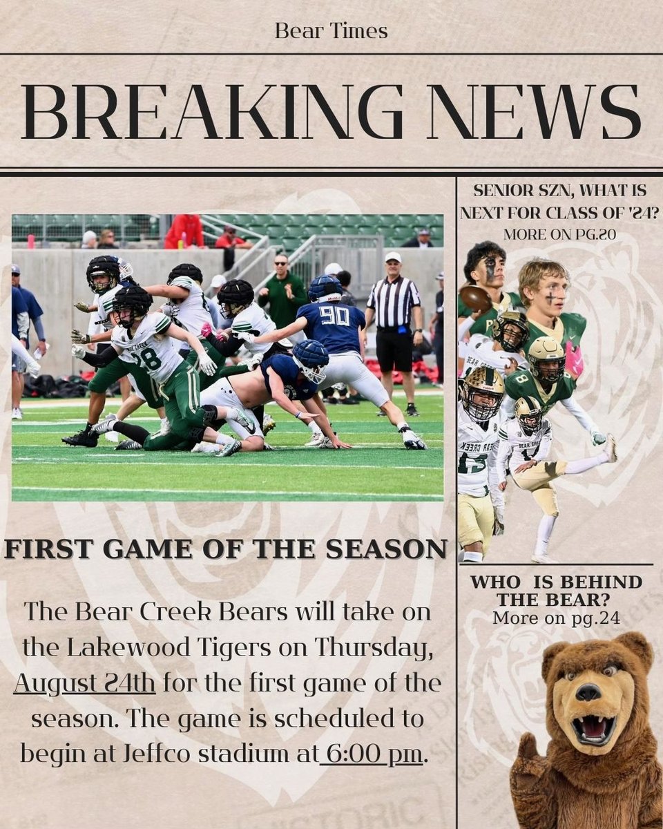 Game Day! 
🏈 Bear Creek vs. Lakewood 
🗓 Date: Thursday, August 24th 
⏰ Game Time: 6:00pm 
📍Jeffco Stadium: 1500 Kipling St, Lakewood, CO 80226
🎟 Tickets: jeffco.hometownticketing.com/embed/all