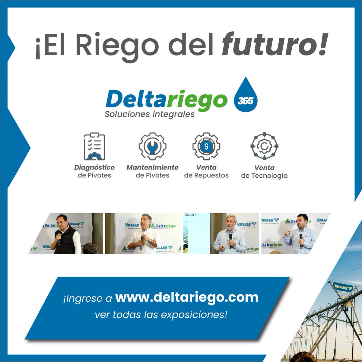 BlasinayAsoc's tweet photo. El riego del futuro es #Deltariego365
@deltariego lanzó una nueva área de servicios: Diagnóstico y Mantenimientos de pivotes, venta de repuestos y tecnología #Valley.
Tenga su sistema de riego actualizado, garantizando el mejor rendimiento.
Más info:  https://t.co/UhxGdeDi3b https://t.co/RRsChjVpxZ