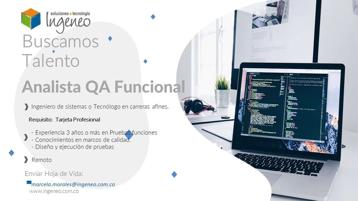 IngeneoSAS's tweet photo. Si conoces a un (a) profesional en Ingeniería de Sistemas o tecnólogo en carreras afines, cuéntale de esta convocatoria.
 Enviar hoja de vida a marcela.morales@ingeneo.com.co
 #ingeneo #trabajosihay #empleo #ofertalaboral #vacantes #software #QA https://t.co/rUNbSJL3bW