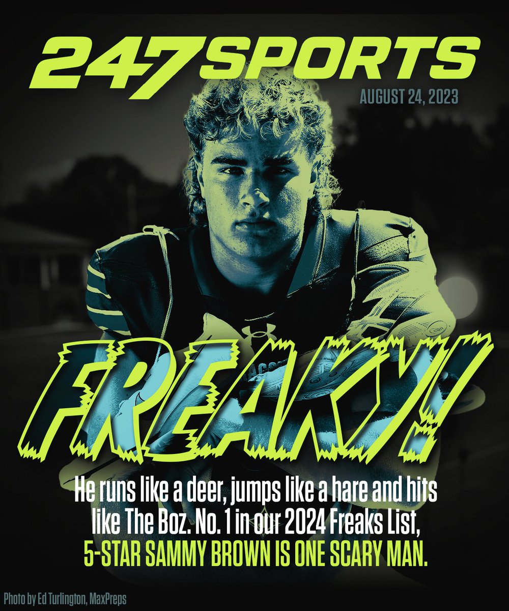 247Sports's tweet photo. The 2024 Freaks List is OUT β @Andrew_Ivins' third annual look at the 50 high school recruits who do things no normal human can, with a tip of the cap to Freaks Godfather @BruceFeldmanCFB.
No. 1 this year is 5-star Sammy Brown. We've never seen somebody quite like him.
https://t.co/zLpQAT14MA