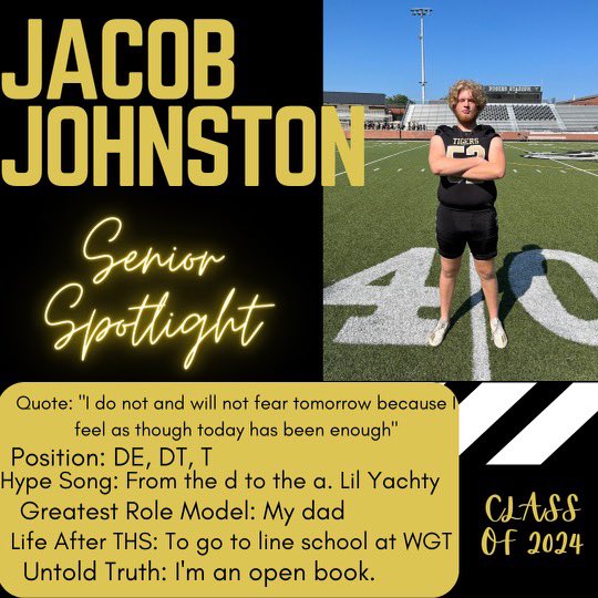 HSFootball2026's tweet photo. Be on the lookout for our Senior Spotlight.  
Each week we will be spotlighting our Senior Tigers! 
First Up Senior Jacob Johnston! 
Go Tigers! #TigerPride https://t.co/FRXPSSCdsb