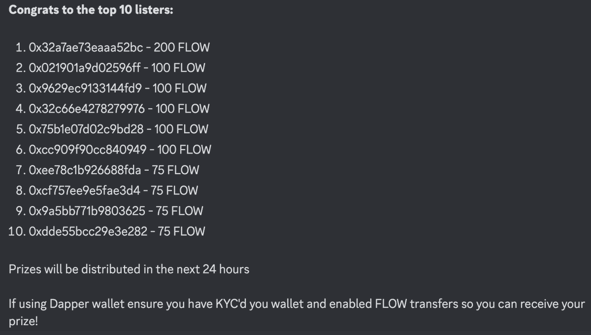 flowverse_'s tweet image. Results from our 1000 FLOW listings giveaway are out!

See the screenshot / discord announcement below

Congrats to all participants 🥳🥳🎉