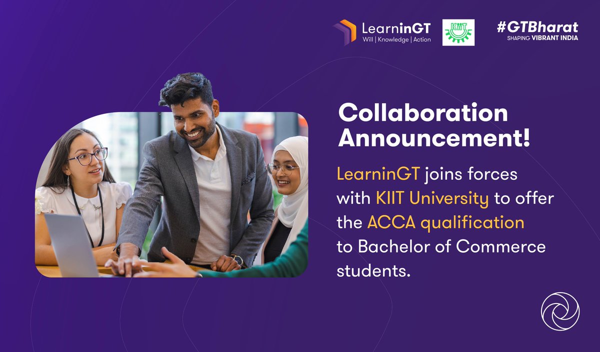 GrantThorntonIN's tweet photo. We are happy to announce our Knowledge Partnership with KIIT University to deliver training for the Association of Chartered Certified Accountants (ACCA) qualification as part of our new upskilling platform, LearninGT!

@TalwarSidd https://t.co/ESPAfLay9h