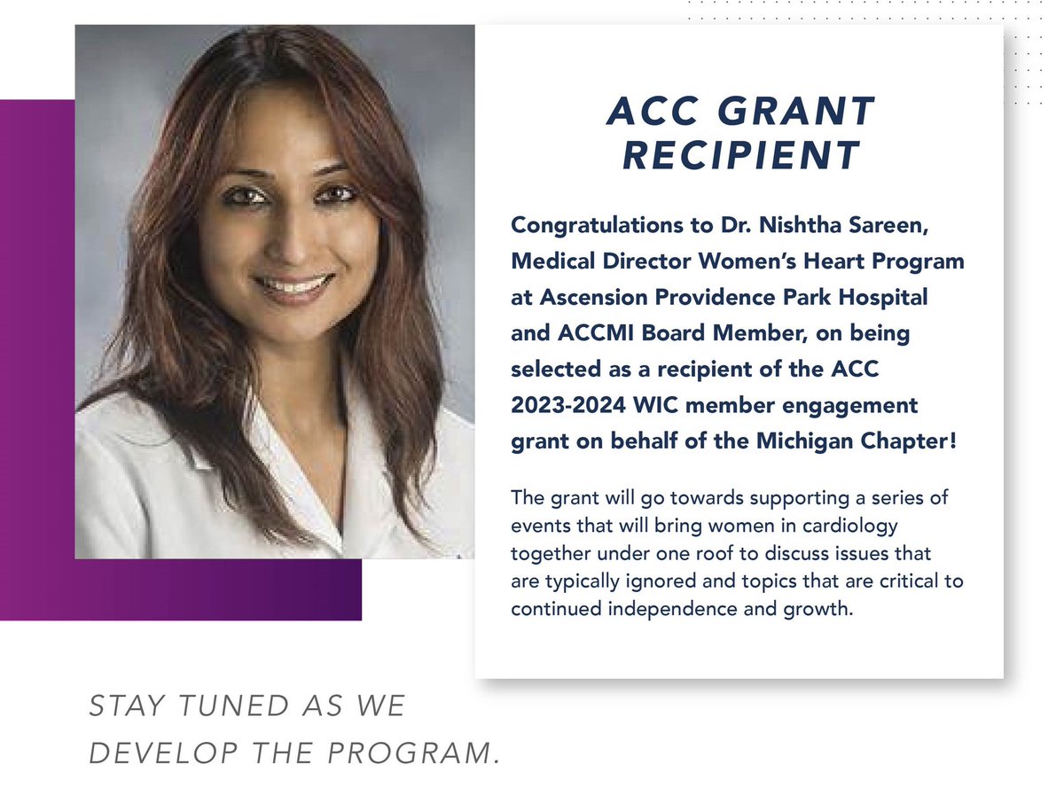 Michigan Chapter ACC (@michiganacc) on Twitter photo Congrats to <a href="/nishheartdoc/">Nishtha Sareen MD MPH FACC FSCAI</a> on being selected as a recipient of the ACC 2023-2024 WIC member engagement grant on behalf of <a href="/MichiganACC/">Michigan Chapter ACC</a>
The grant will support a series of events bringing women in🫀 together to discuss critical topics for independence and growth
<a href="/accintouch/">American College of Cardiology</a> #accwic Congrats to <a href="/nishheartdoc/">Nishtha Sareen MD MPH FACC FSCAI</a> on being selected as a recipient of the ACC 2023-2024 WIC member engagement grant on behalf of <a href="/MichiganACC/">Michigan Chapter ACC</a>
The grant will support a series of events bringing women in🫀 together to discuss critical topics for independence and growth
<a href="/accintouch/">American College of Cardiology</a> #accwic