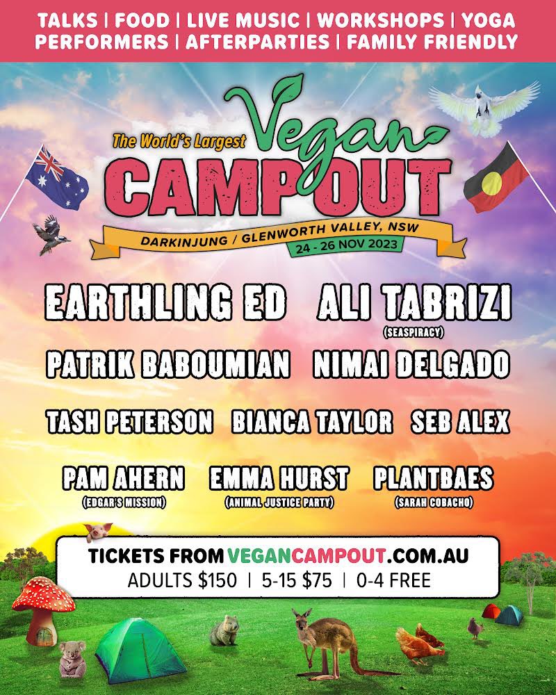 I'm speaking at <a href="/VeganCampOutAus/">Vegan Camp Out Australia</a> 2023 in November ⛺️

Which is a 3 day festival of camping, talks, live music, afterparties, yoga/meditation classes and amazing vegan food 🍔

🎫 Tickets are selling fast from goto.vegancampout.com.au/NimaiDelgado